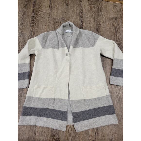 Bianco & Blu Wool Cardigan Women's M Gray White Stripe Button Sweater Italian - Picture 1 of 4